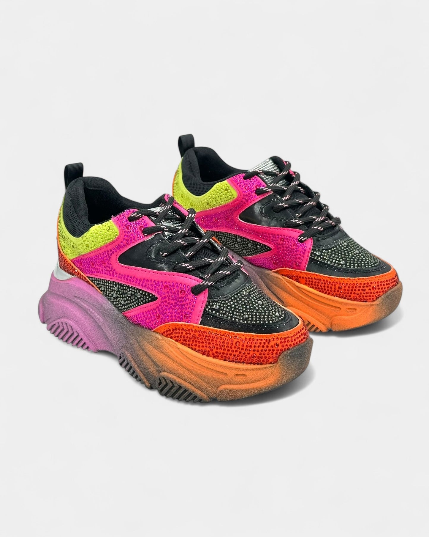 DEPORTIVO SUELA ALTA DAMA CON PEDRERÍA COLOR FUCSIA, NARANJA Y VERDE NEÓN