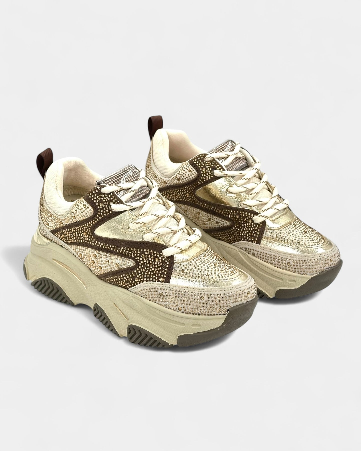 DEPORTIVO SUELA ALTA DAMA CON PEDRERÍA COLOR CAFÉ OSCURO Y CAFÉ CLARO