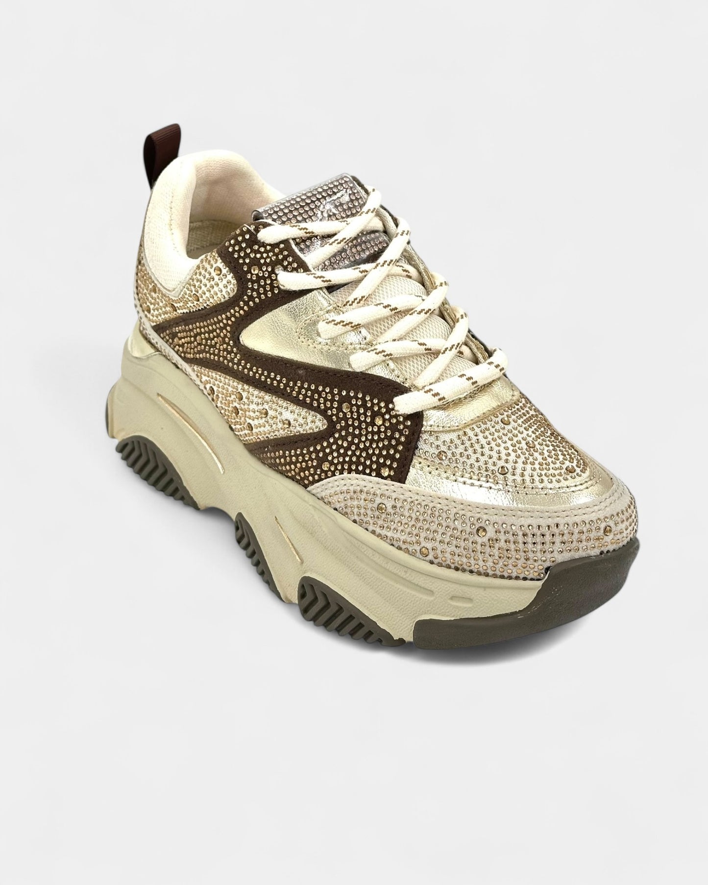 DEPORTIVO SUELA ALTA DAMA CON PEDRERÍA COLOR CAFÉ OSCURO Y CAFÉ CLARO