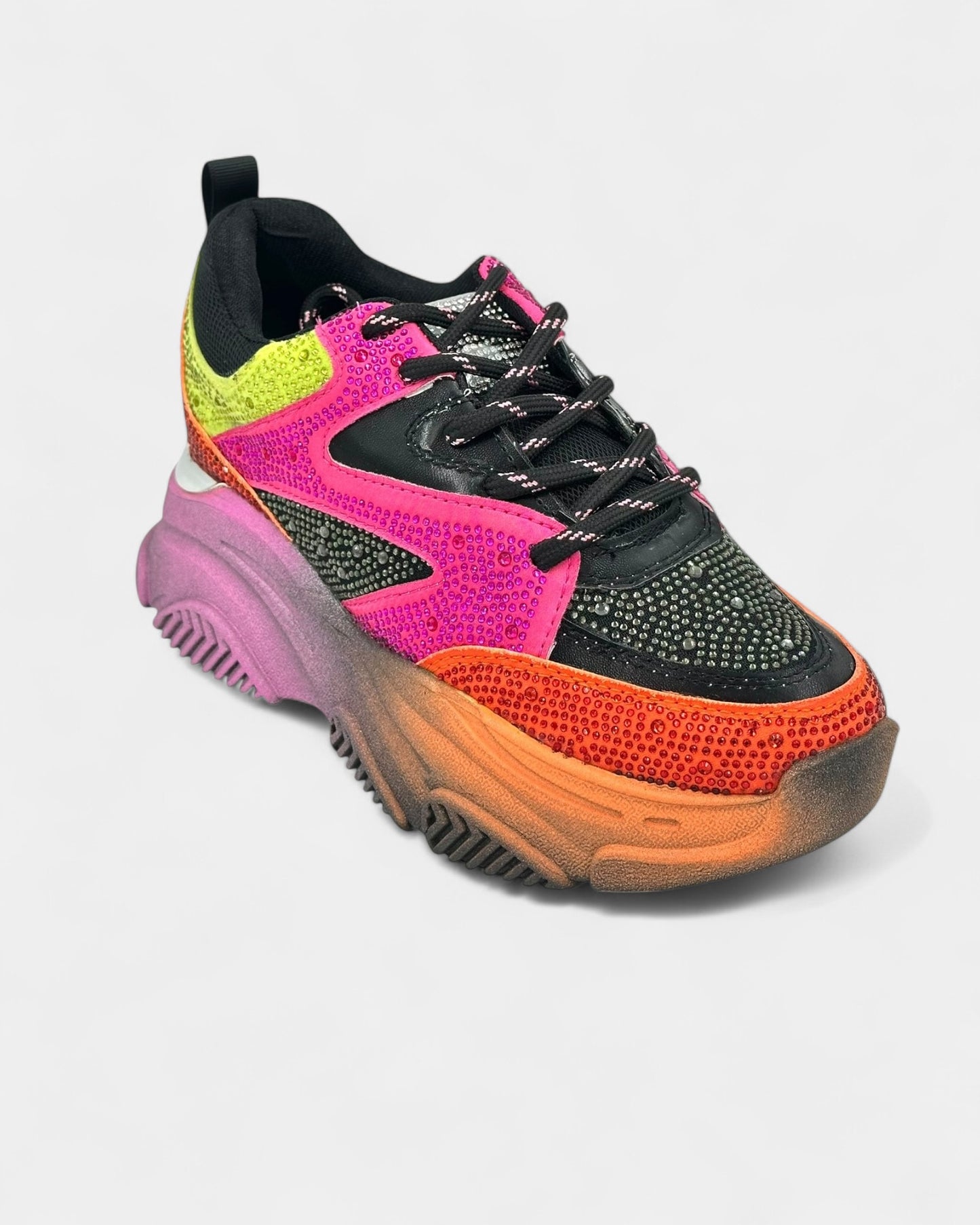 DEPORTIVO SUELA ALTA DAMA CON PEDRERÍA COLOR FUCSIA, NARANJA Y VERDE NEÓN